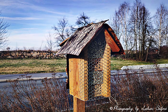 Wildbienenhotel, selbst gebaut aus hohlen Stängeln und Eiche für die Niströhren. Fotografie von Lothar Seifert