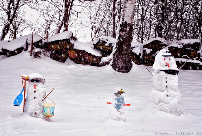 Schneemänner. Eine ganze Familie mit Schneemann, Schneefrau und Schneekind. Fotografie von Lothar Seifert